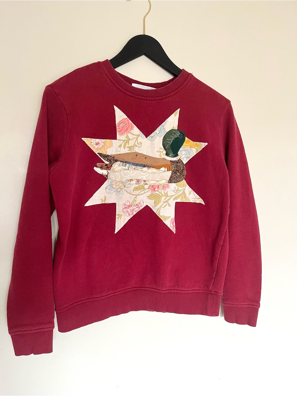 Upcycled sweatshirt with mallard duck appliqué